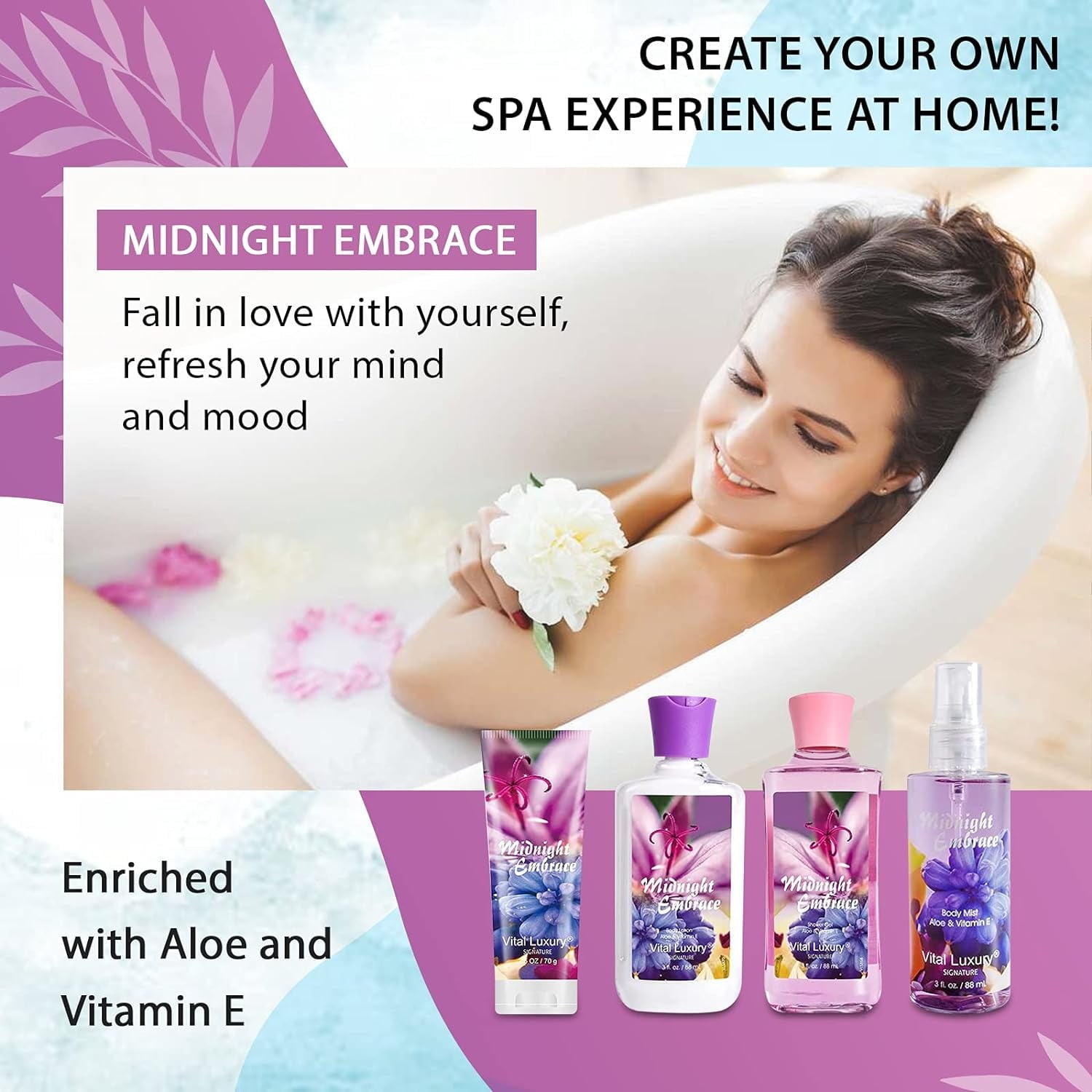 Vital Luxury Bath&Body Set 4 Pcs,Midnight Embrace Scent Home Spa Set for Unisex,with Hand Cream,Body Lotion,Shower Gel and Body Mist
