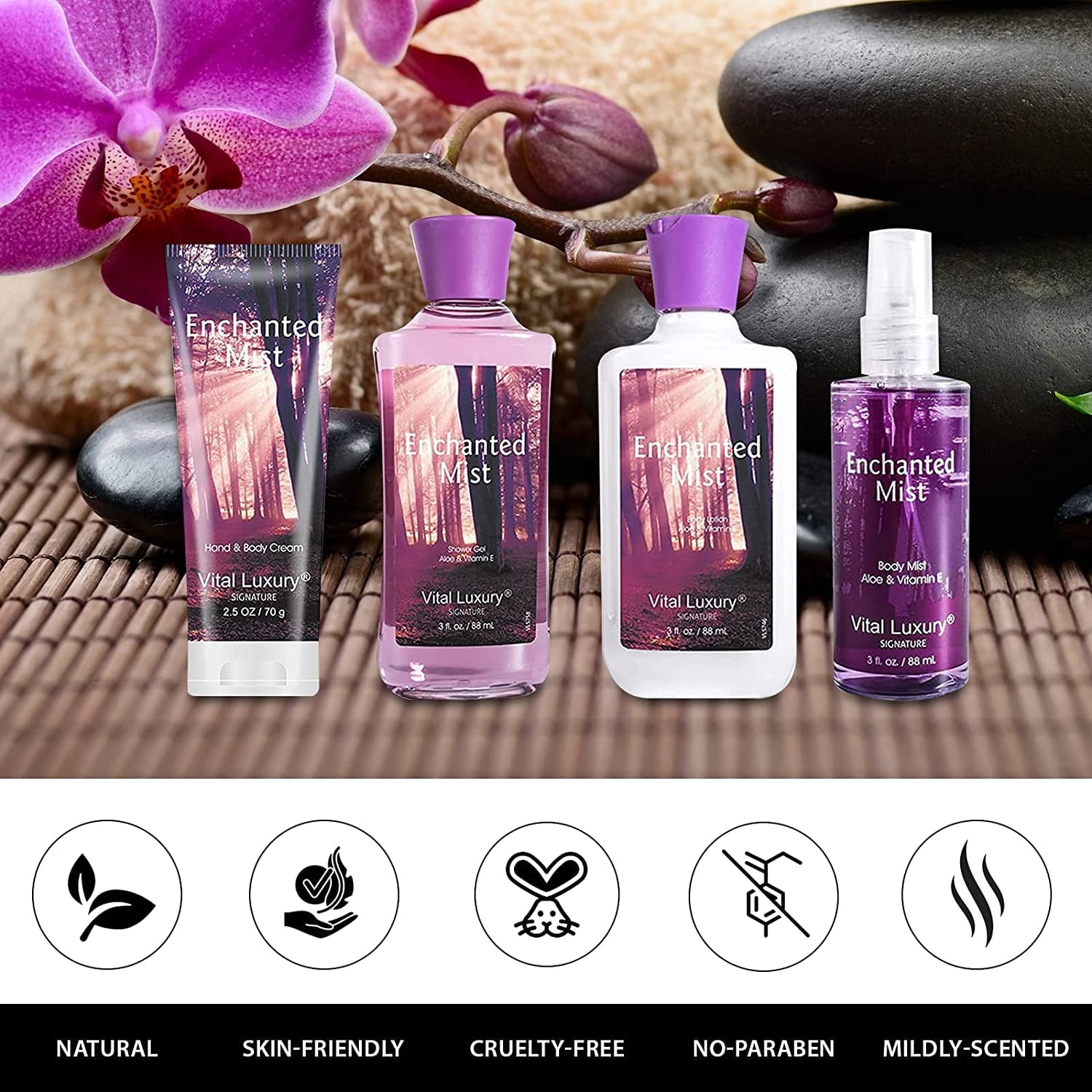 Vital Luxury Bath&Body Set,Skincare Gift Home Spa Set for Unisex,Enchanted Mist Scent,with Body Lotion,Gel,Mist and Hand Cream