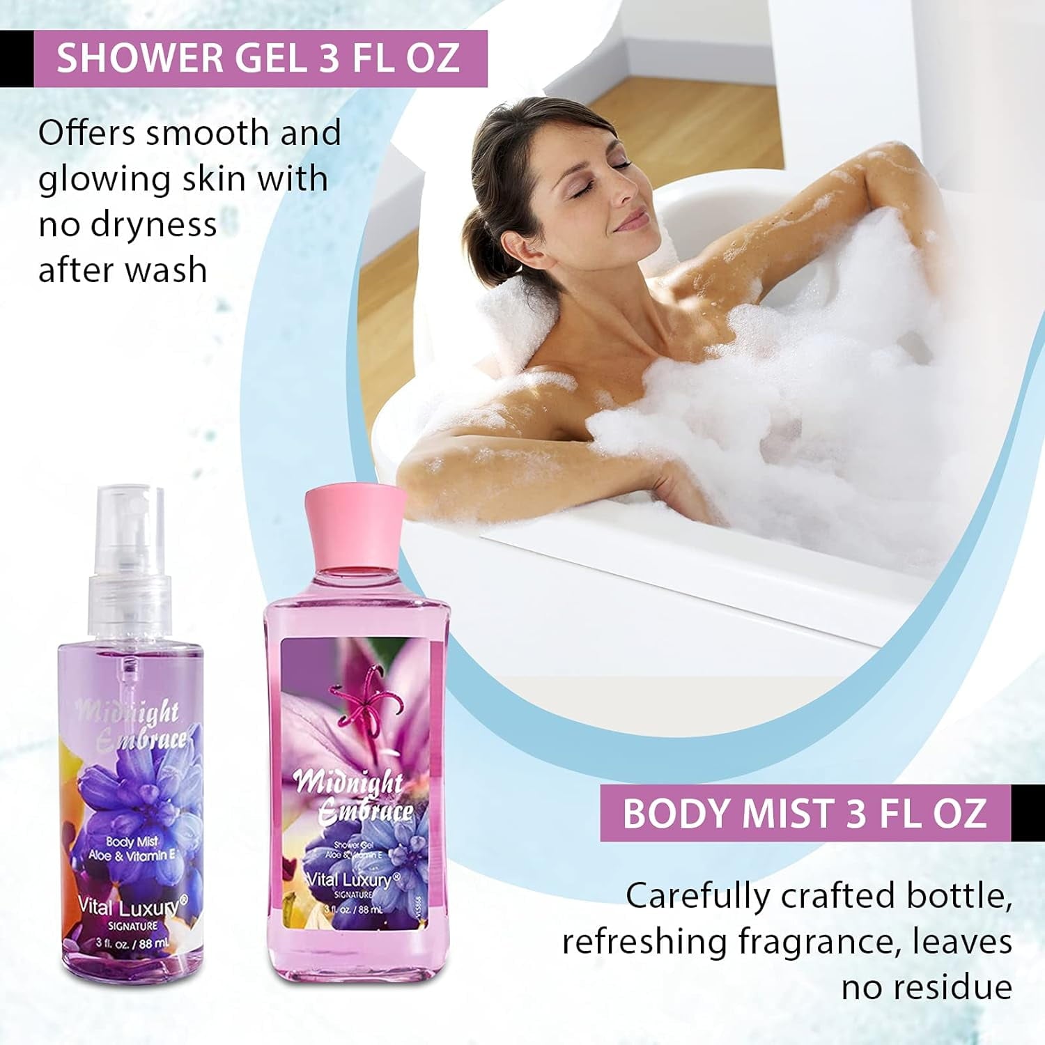 Vital Luxury Bath&Body Set 4 Pcs,Midnight Embrace Scent Home Spa Set for Unisex,with Hand Cream,Body Lotion,Shower Gel and Body Mist