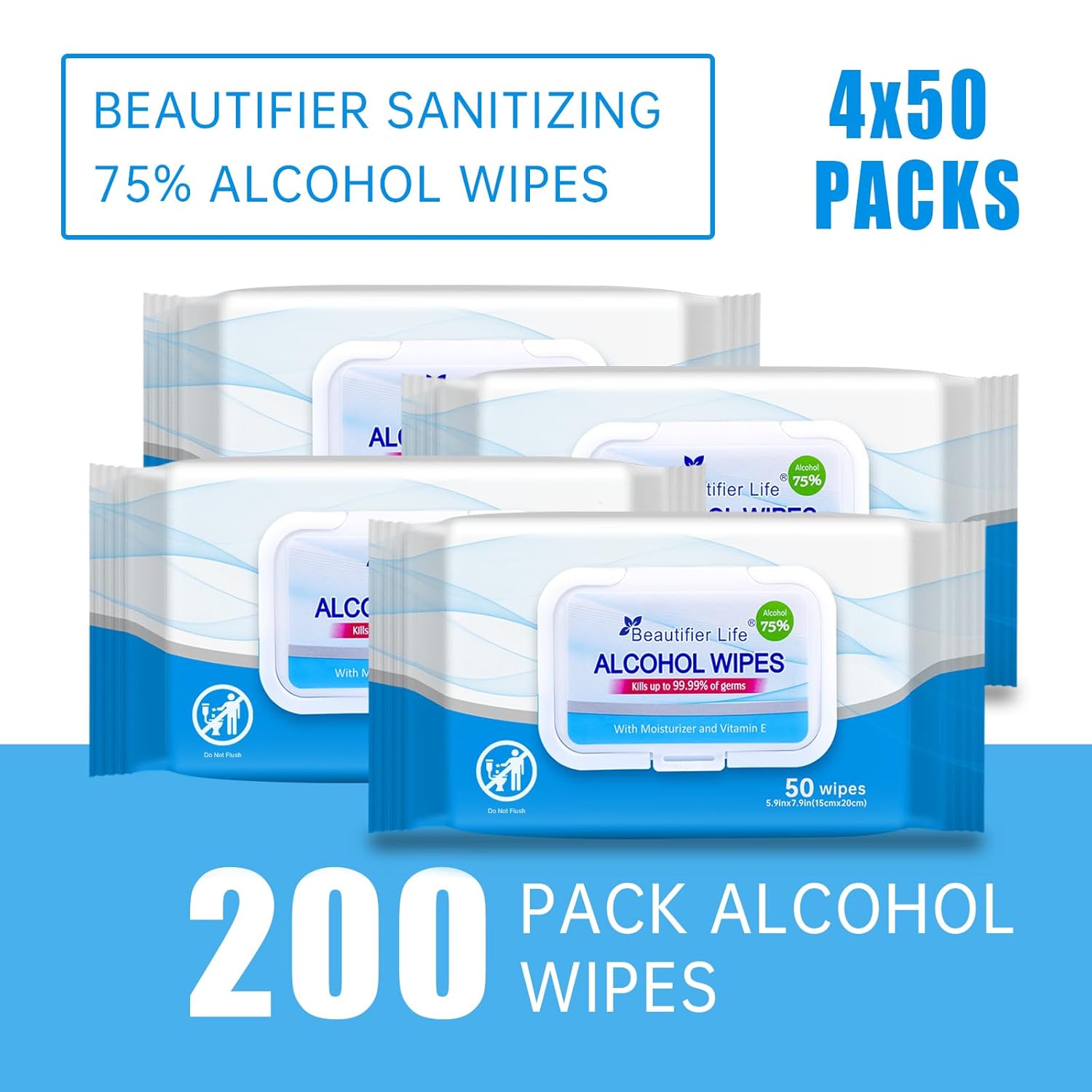 Beautifier Life Wet Wipes - 75% Alcohol Hand Wipes with Aloe and Vitamin E,4 Pack,200 Count in Total
