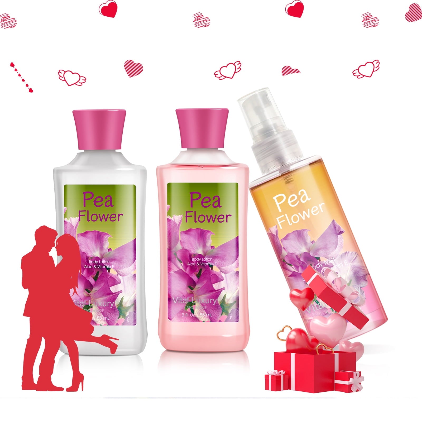 Vital Luxury Bath and Body Travel Set 3 Pcs,Pea Flower Scents for Unisex,with Body Lotion Shower Gel and Body Mist
