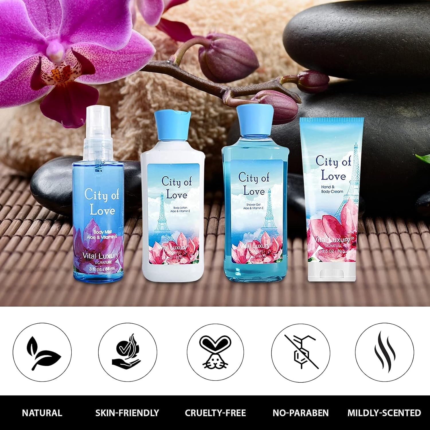 Vital Luxury Bath&Body Kit,3 fl oz,Home Spa Set,Body Lotion,Hand Cream,Shower Gel,Fragrance Mist for Unisex