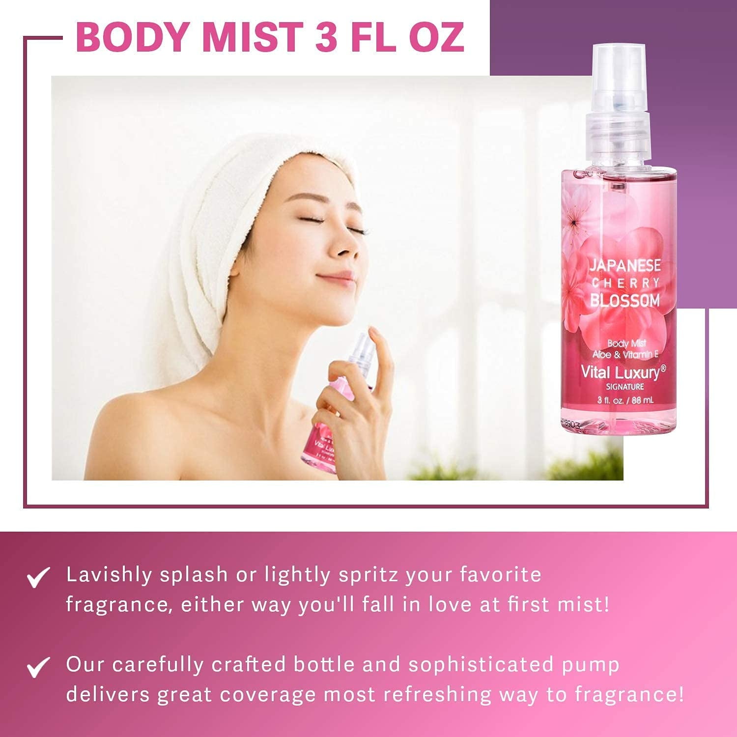 Vital Luxury Japanese Cherry Blossom Scent Bath&Body Set,3 Pcs,Shower Gel,Mist,and Lotion for Unisex