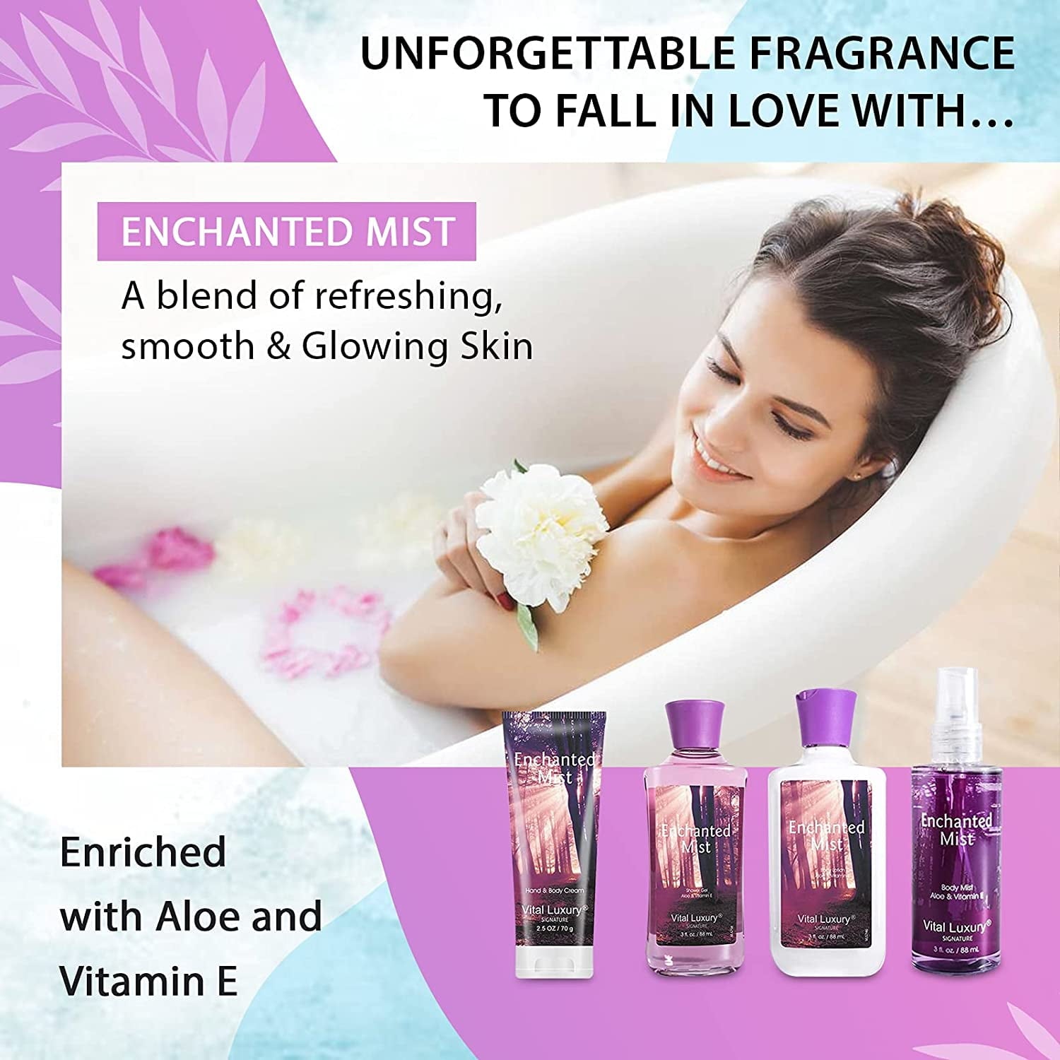 Vital Luxury Bath&Body Set,Skincare Gift Home Spa Set for Unisex,Enchanted Mist Scent,with Body Lotion,Gel,Mist and Hand Cream