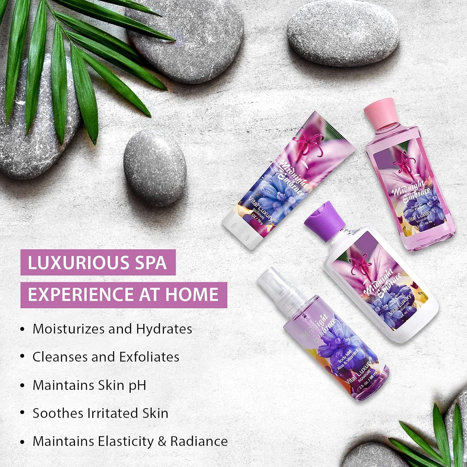 Vital Luxury Bath&Body Set 4 Pcs,Midnight Embrace Scent Home Spa Set for Unisex,with Hand Cream,Body Lotion,Shower Gel and Body Mist