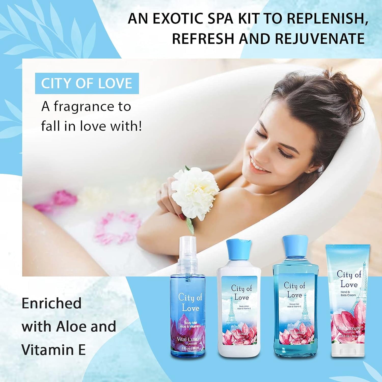 Vital Luxury Bath&Body Kit,3 fl oz,Home Spa Set,Body Lotion,Hand Cream,Shower Gel,Fragrance Mist for Unisex