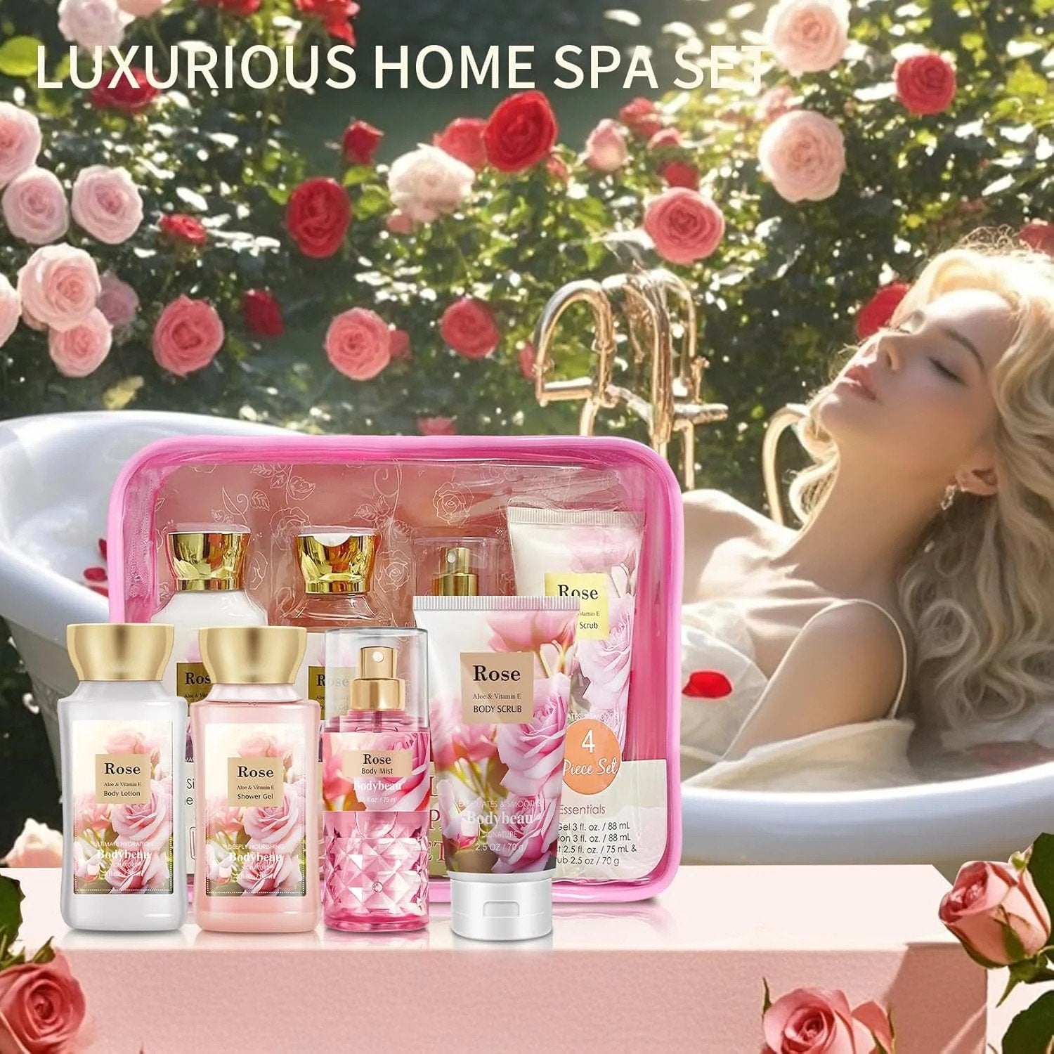 Bodybeau Bath and Body Set 4PCS Rose Scent,with Shower Gel, Body Mist,Body Scrub and Body Lotion
