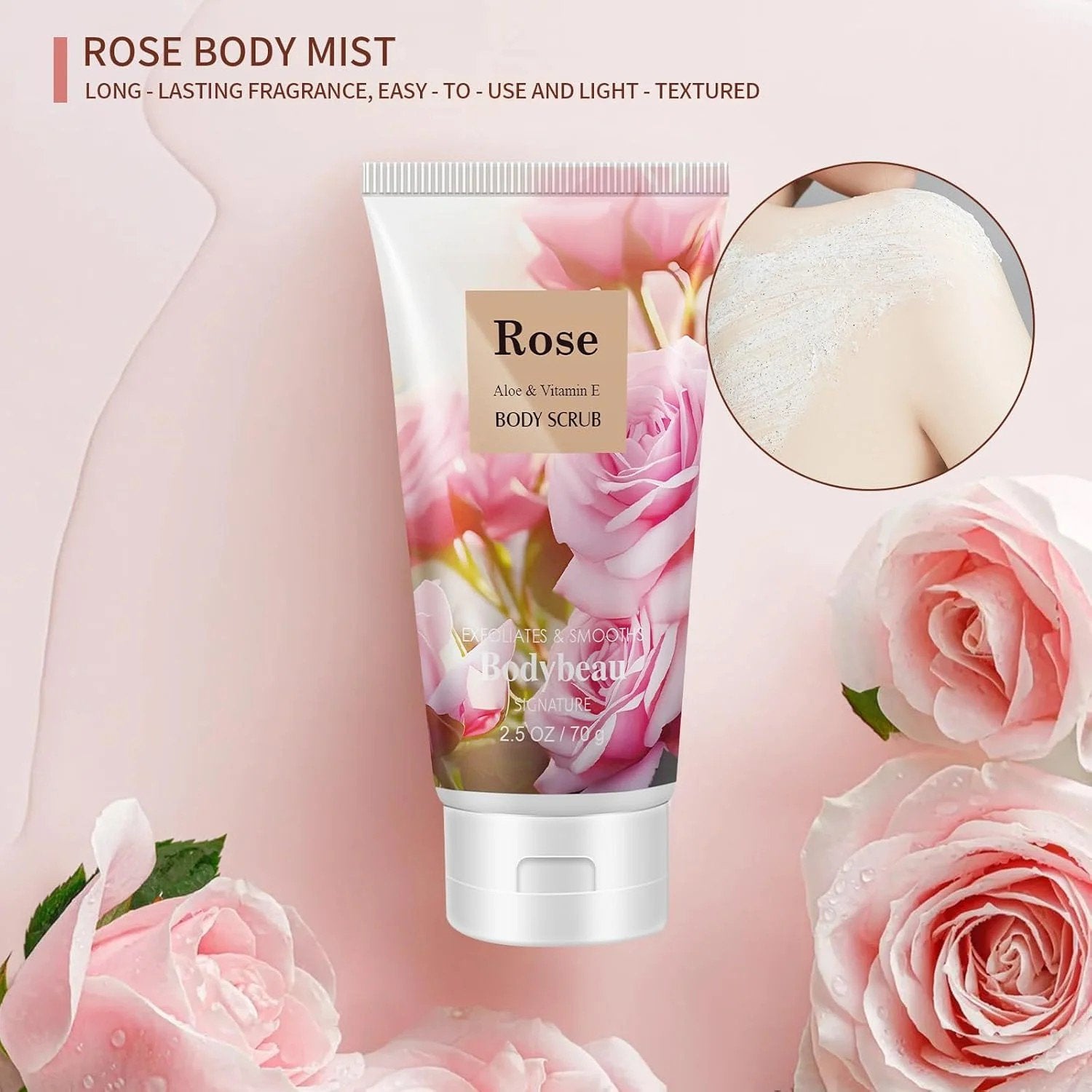 Bodybeau Bath and Body Set 4PCS Rose Scent,with Shower Gel, Body Mist,Body Scrub and Body Lotion