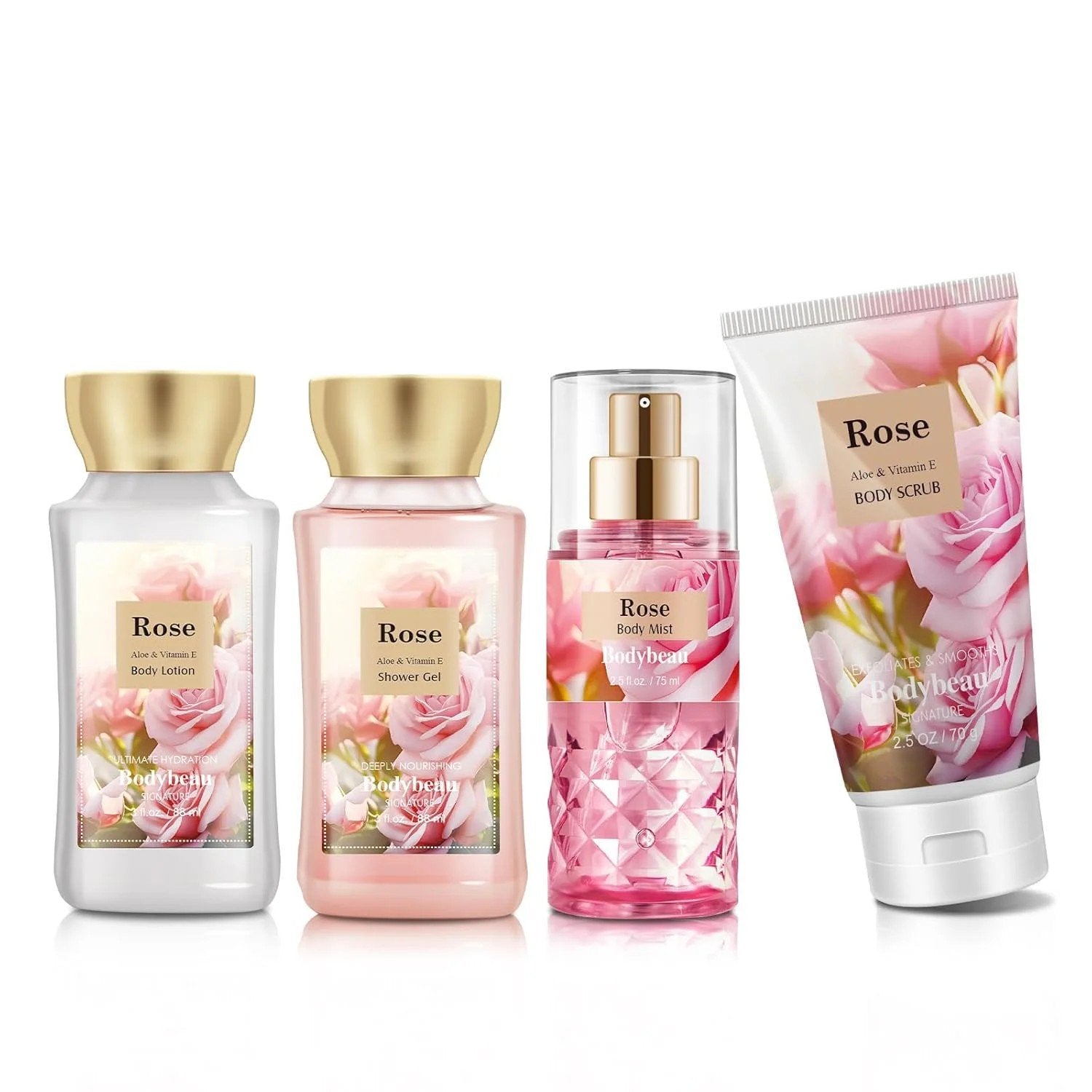 Bodybeau Bath and Body Set 4PCS Rose Scent,with Shower Gel, Body Mist,Body Scrub and Body Lotion
