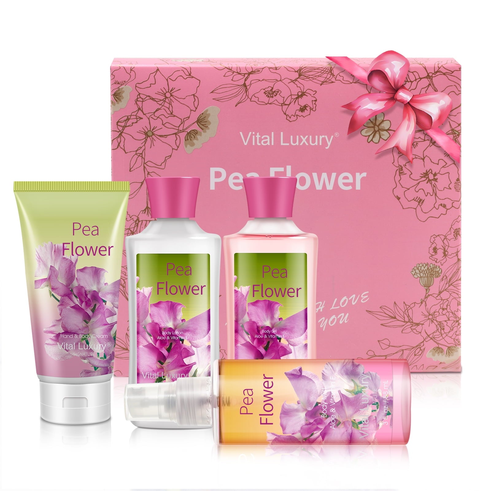 Vital Luxury Bath & Body Kit 4 Pcs,Pea Flower Scent Home Spa Set for Unisex,with Hand Cream,Body Lotion,Shower Gel and Body Mist