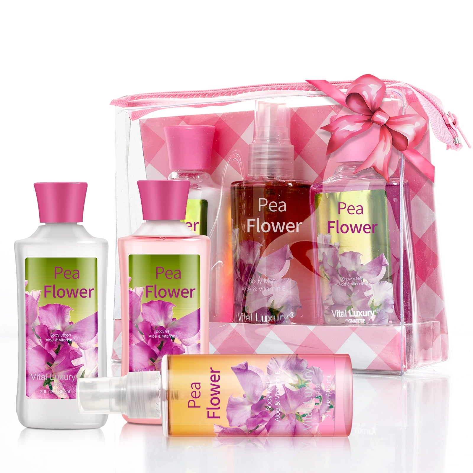 Vital Luxury Bath and Body Travel Set 3 Pcs,Pea Flower Scents for Unisex,with Body Lotion Shower Gel and Body Mist