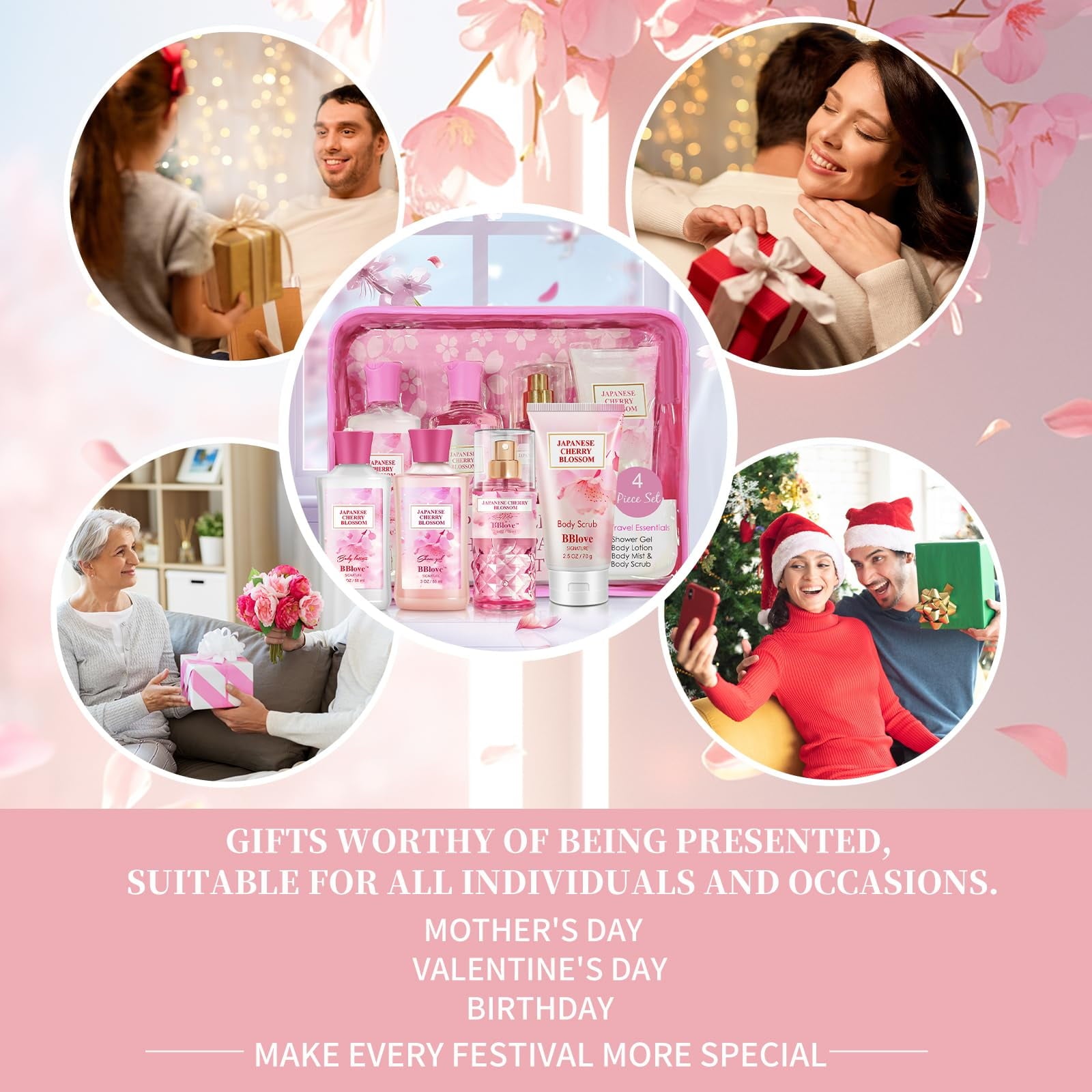 BBlove Bath and Body Care Set,Japanese Cherry Blossom Scents,Bath&Body 4 Set,with Body Lotion,Body Mist,Shower Gel and Body Scrub