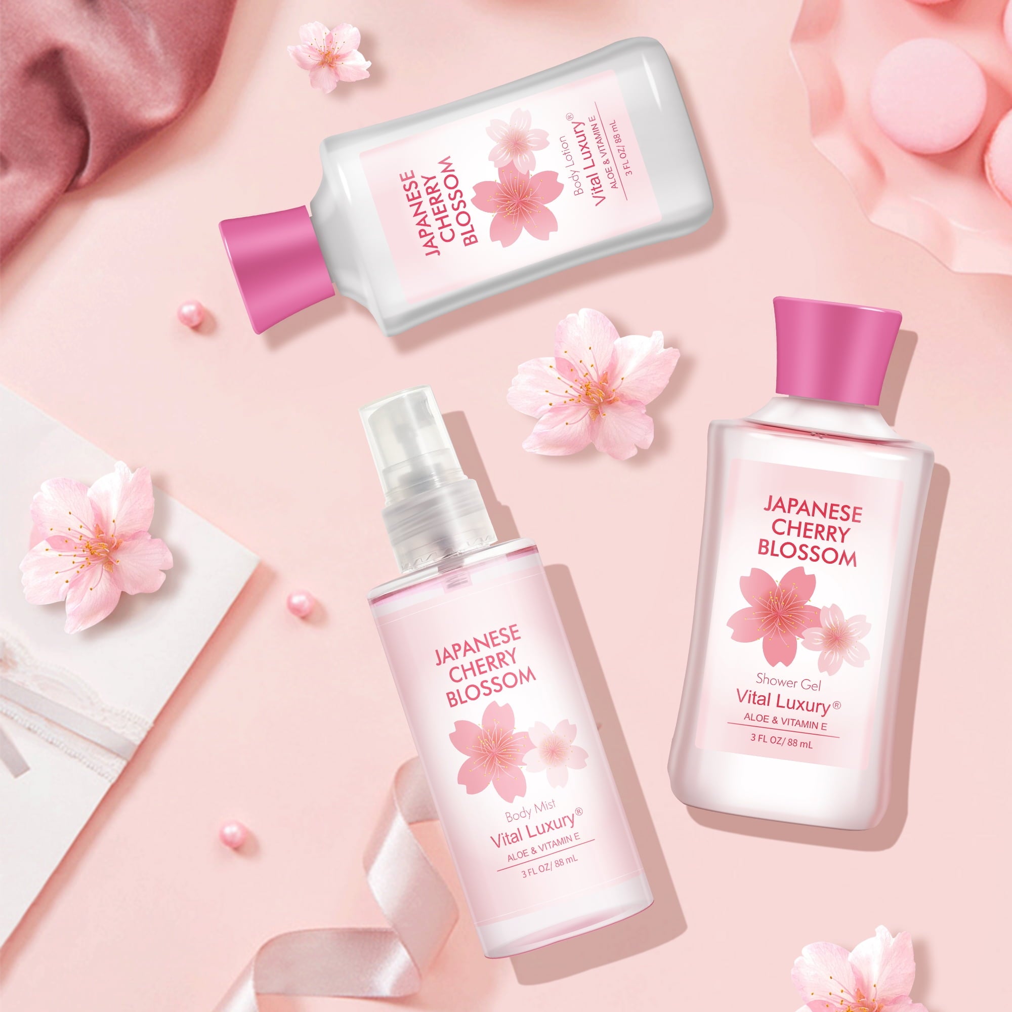 Vital Luxury Cherry Blossom Scented Bath and Body Gift Set, 3 Pieces,with Shower Gel,Body Lotion, and Body Mist