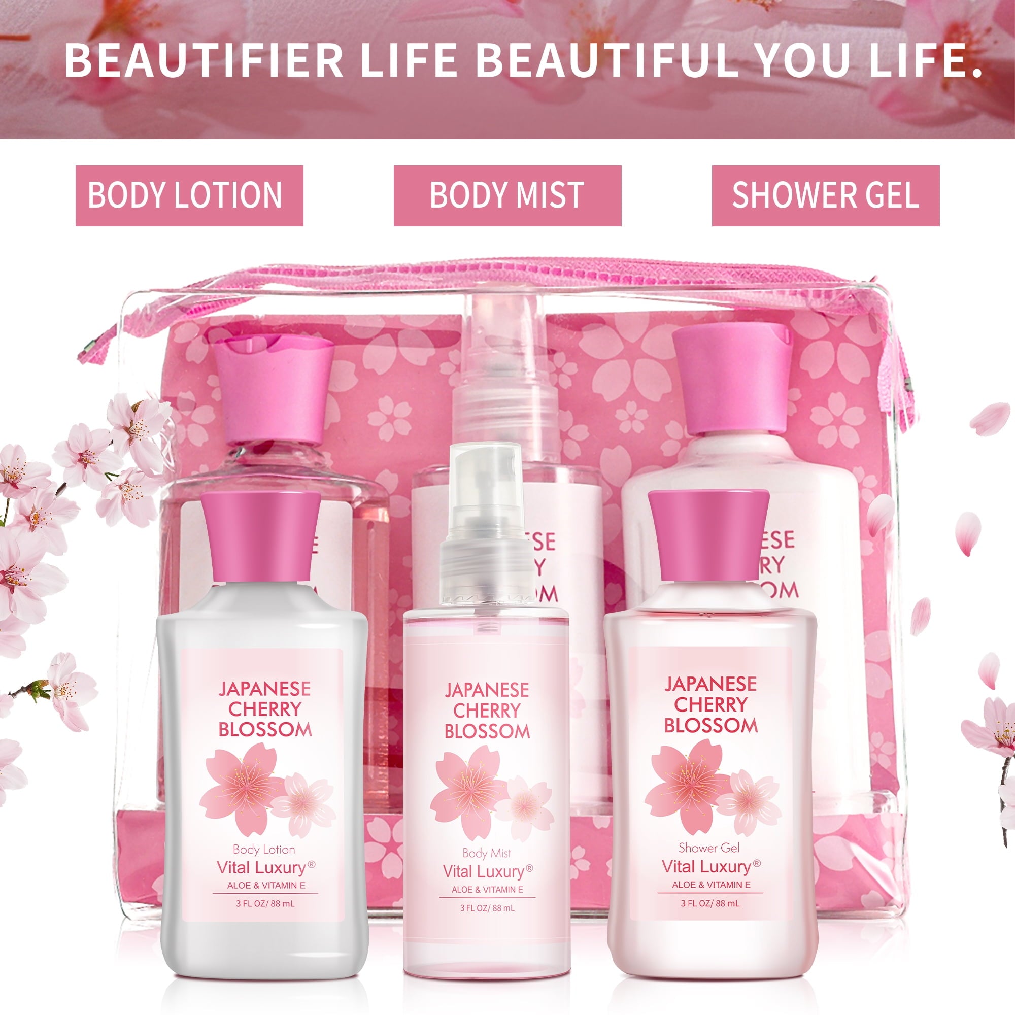 Vital Luxury Cherry Blossom Scented Bath and Body Gift Set, 3 Pieces,with Shower Gel,Body Lotion, and Body Mist