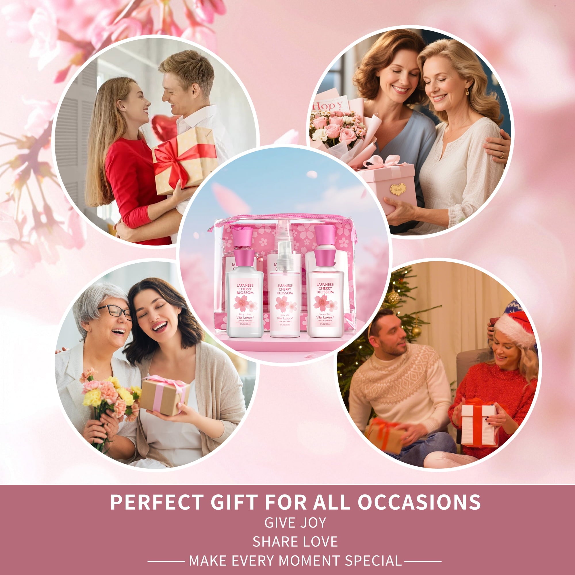 Vital Luxury Cherry Blossom Scented Bath and Body Gift Set, 3 Pieces,with Shower Gel,Body Lotion, and Body Mist
