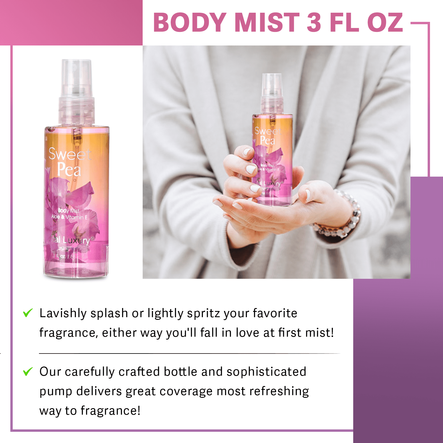 Vital Luxury Bath and Body Travel Set 3 Pcs,Pea Flower Scents for Unisex,with Body Lotion Shower Gel and Body Mist