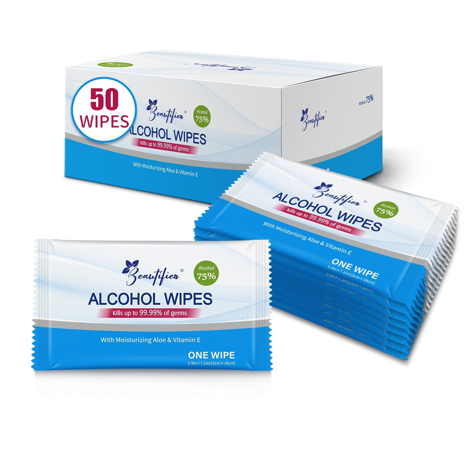 Beautifier Life Travel Wipes,75% Alcohol Individually Wrapped Wipes,Aloe Scent for Unisex,50 Pcs