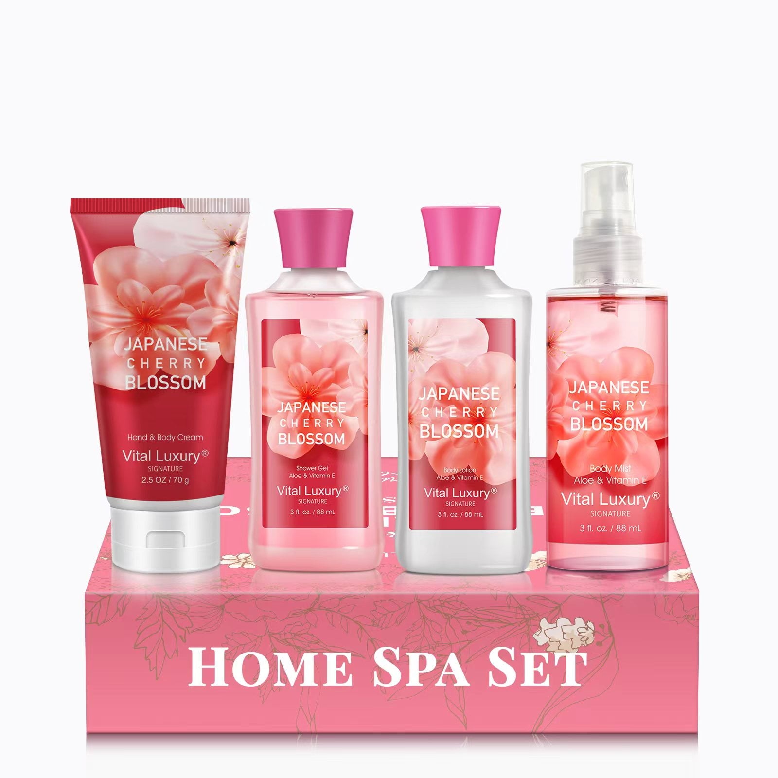 Vital Luxury Bath&Body Kit,4 Pcs Japanese Cherry Blossom Scents,with Body Lotion,Shower Gel,Hand Cream,and Fragrance Mist,Bath Gifts for Unisex