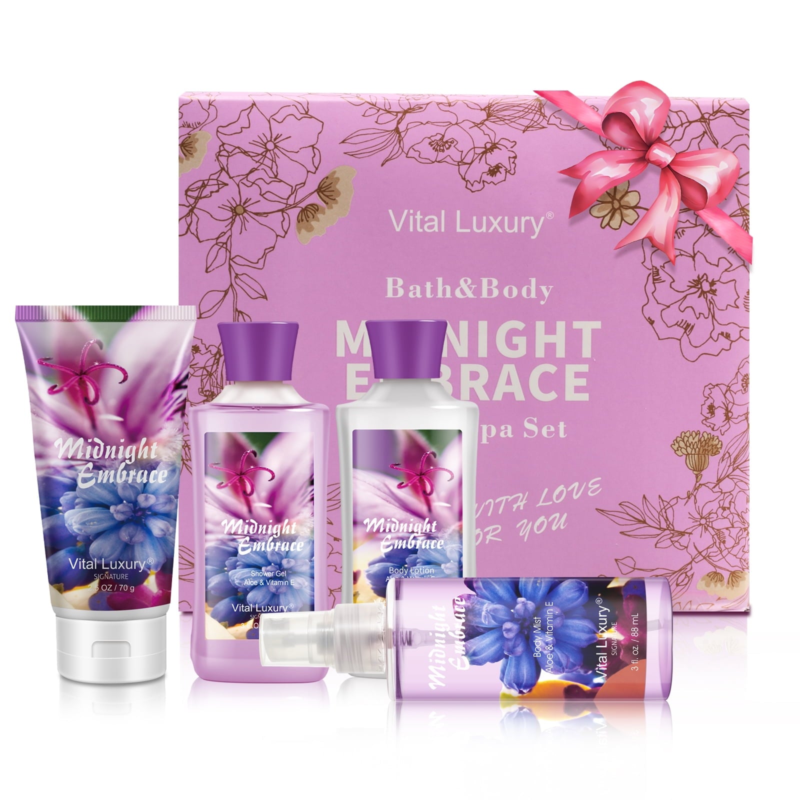 Vital Luxury Bath&Body Set 4 Pcs,Midnight Embrace Scent Home Spa Set for Unisex,with Hand Cream,Body Lotion,Shower Gel and Body Mist