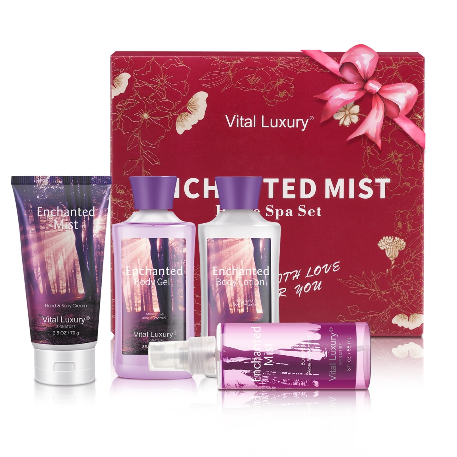 Vital Luxury Bath&Body Set,Skincare Gift Home Spa Set for Unisex,Enchanted Mist Scent,with Body Lotion,Gel,Mist and Hand Cream