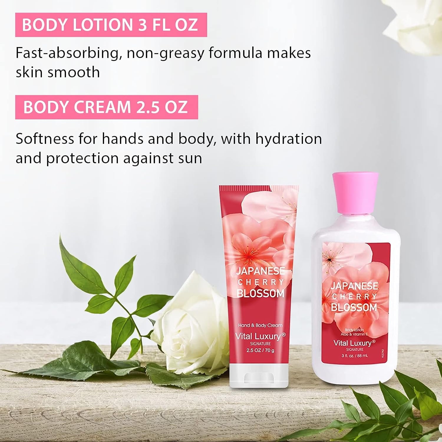 Vital Luxury Bath&Body Kit,4 Pcs Japanese Cherry Blossom Scents,with Body Lotion,Shower Gel,Hand Cream,and Fragrance Mist,Bath Gifts for Unisex