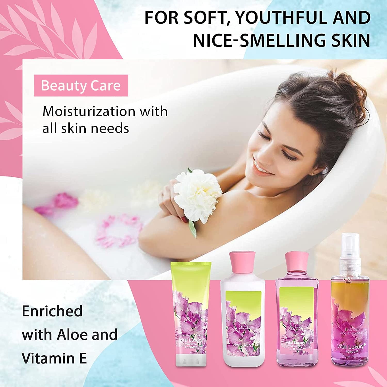 Vital Luxury Bath & Body Kit 4 Pcs,Pea Flower Scent Home Spa Set for Unisex,with Hand Cream,Body Lotion,Shower Gel and Body Mist