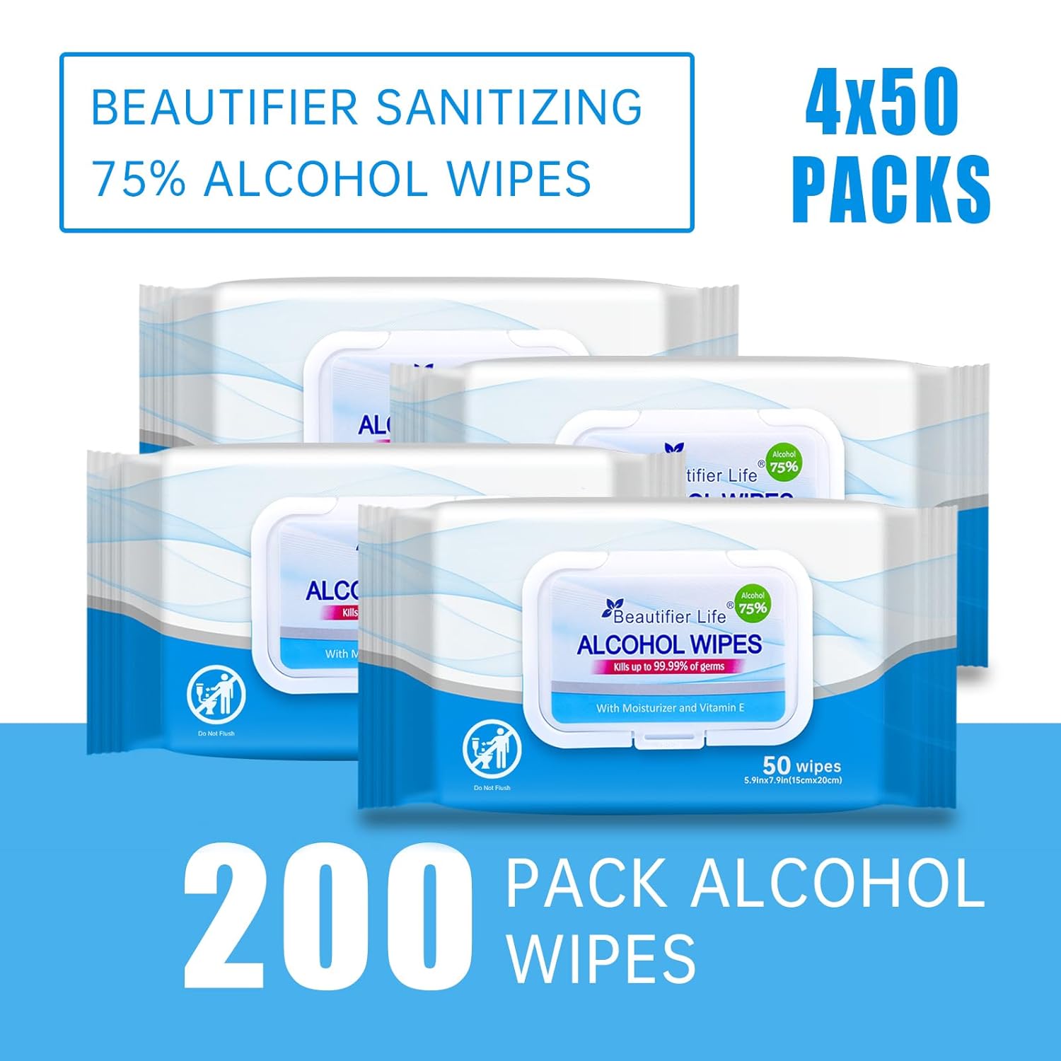 Beautifier Life Wet Wipes - 75% Alcohol Hand Wipes with Aloe and Vitamin E,4 Pack,200 Count in Total