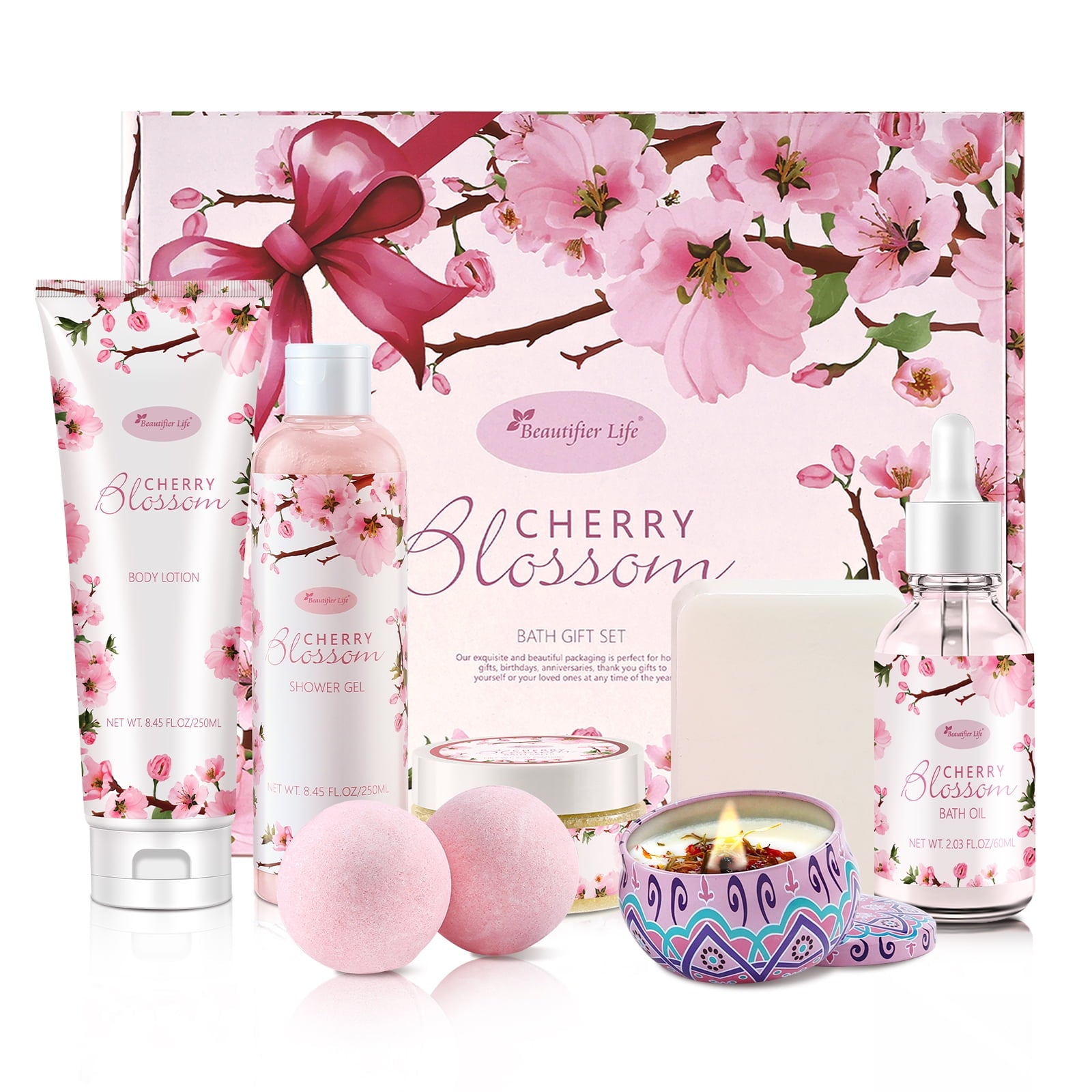 Bath and Body Gift Set for Women & Girls - Japanese Cherry Blossom 7PCS Spa Set With Natural Extracts,with Body Lotion,Shower Gel,Bath Oil,Bath Salts,Bath Soap,Candle,Bath Bombs