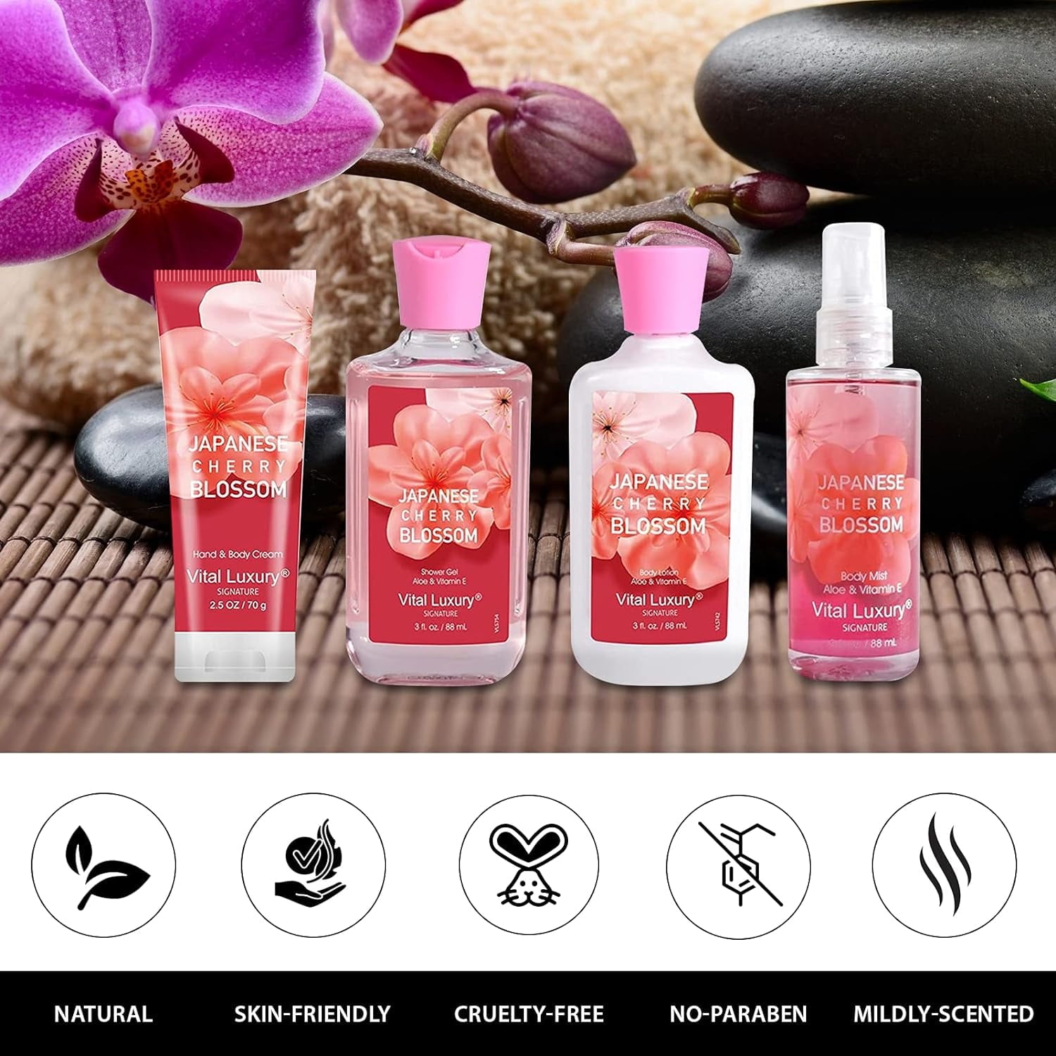 Vital Luxury Bath&Body Kit,4 Pcs Japanese Cherry Blossom Scents,with Body Lotion,Shower Gel,Hand Cream,and Fragrance Mist,Bath Gifts for Unisex