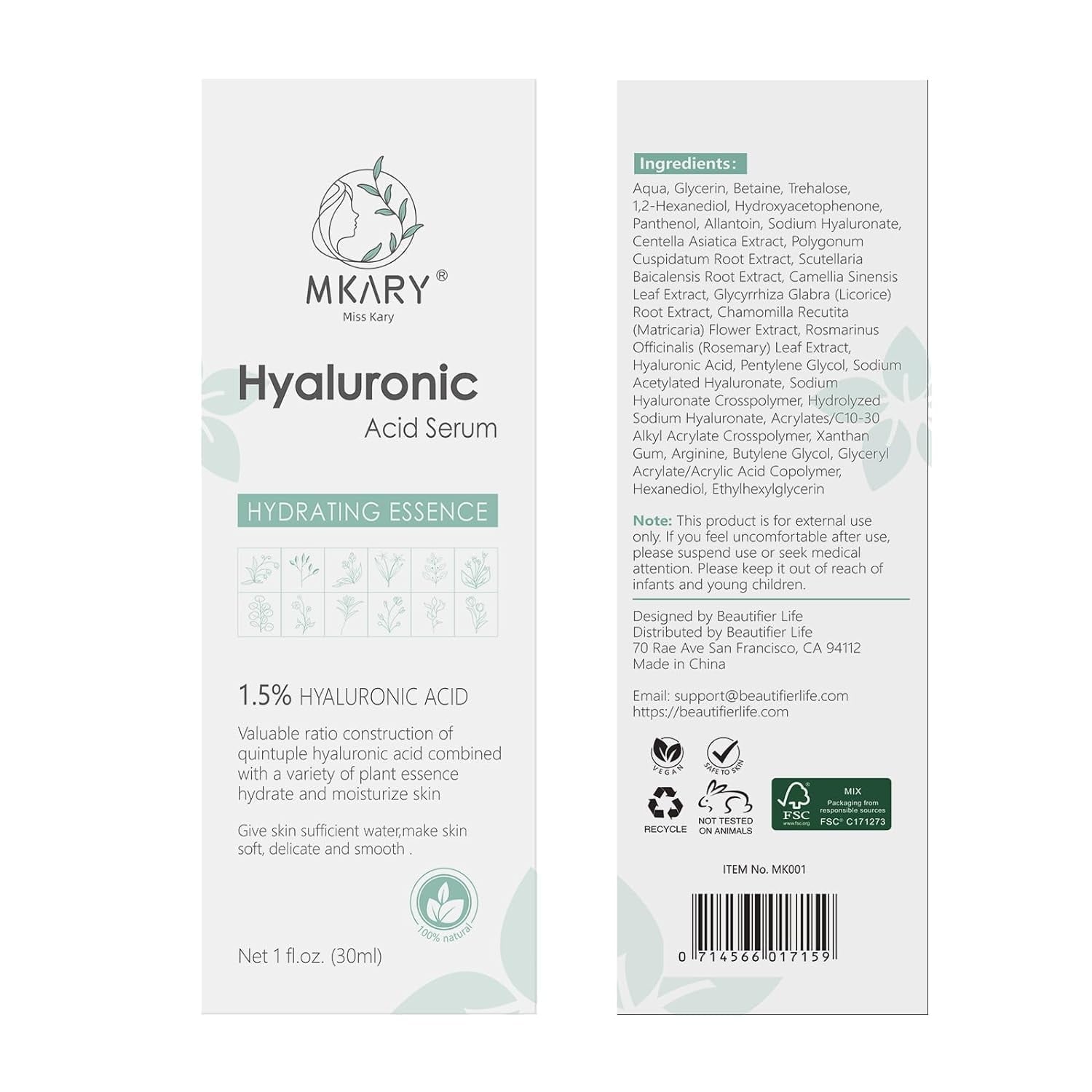 Beautifier Life Hyaluronic Acid Serum,1.5% Quintuple Hyaluronic Acid,Deep Moisturizing,1 fl oz/30ml,2 Pcs