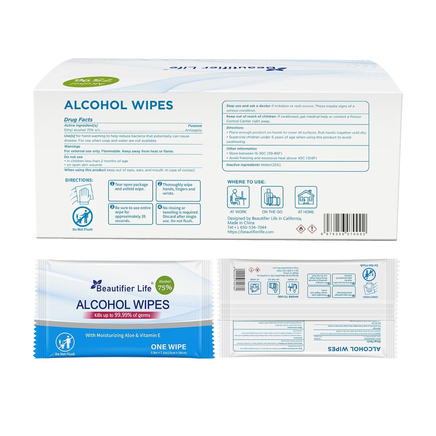 Beautifierlife 75% Alcohol Hand Wipes,100 Count Individually Packed,with Aloe and Vitamin E for Travel,Home,Office,and School Use