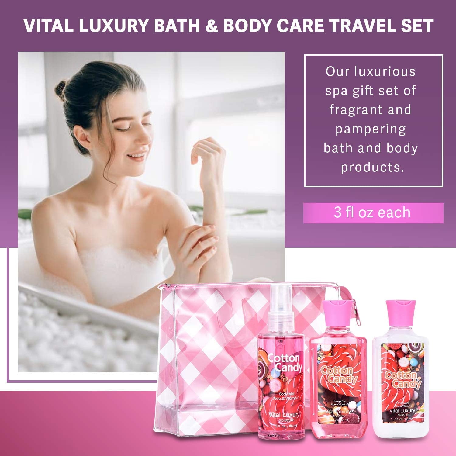 Vital Luxury Bath&Body Care Travel Set for Unisex,Cotton Candy Scents,with Body Lotion,Mist and Gel