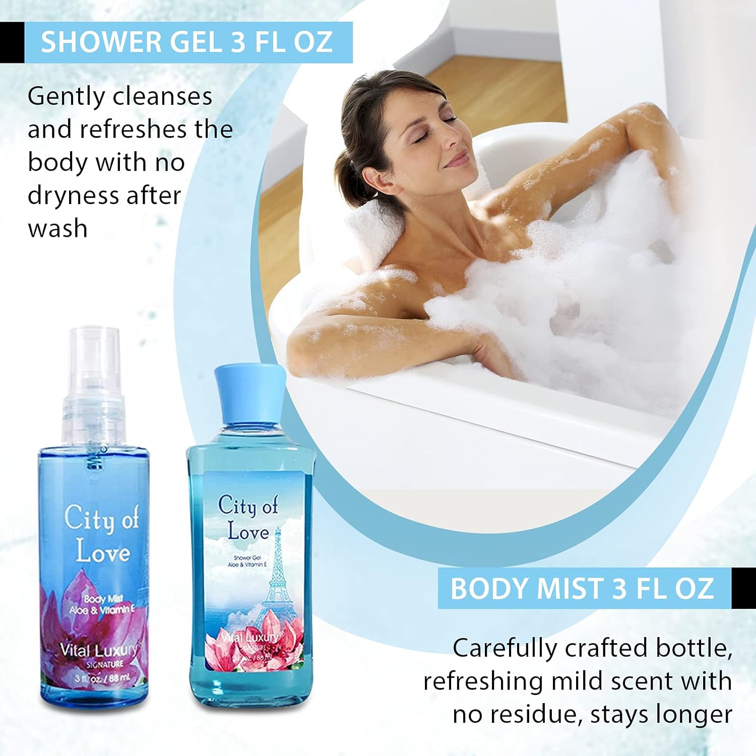 Vital Luxury Bath&Body Kit,3 fl oz,Home Spa Set,Body Lotion,Body Cream,Shower Gel,Fragrance Mist for Unisex