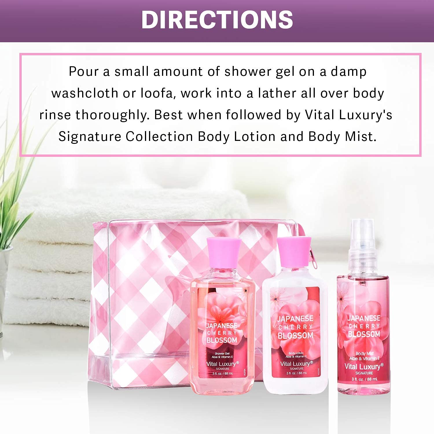 Vital Luxury Bath & Body Kit Japanese Cherry Blossom, 3 Fl Oz, Ideal Skincare Gift, Home Spa Set, Includes Body Lotion, Shower Gel and Fragrance Mist, Perfect for Mother Day Gifts