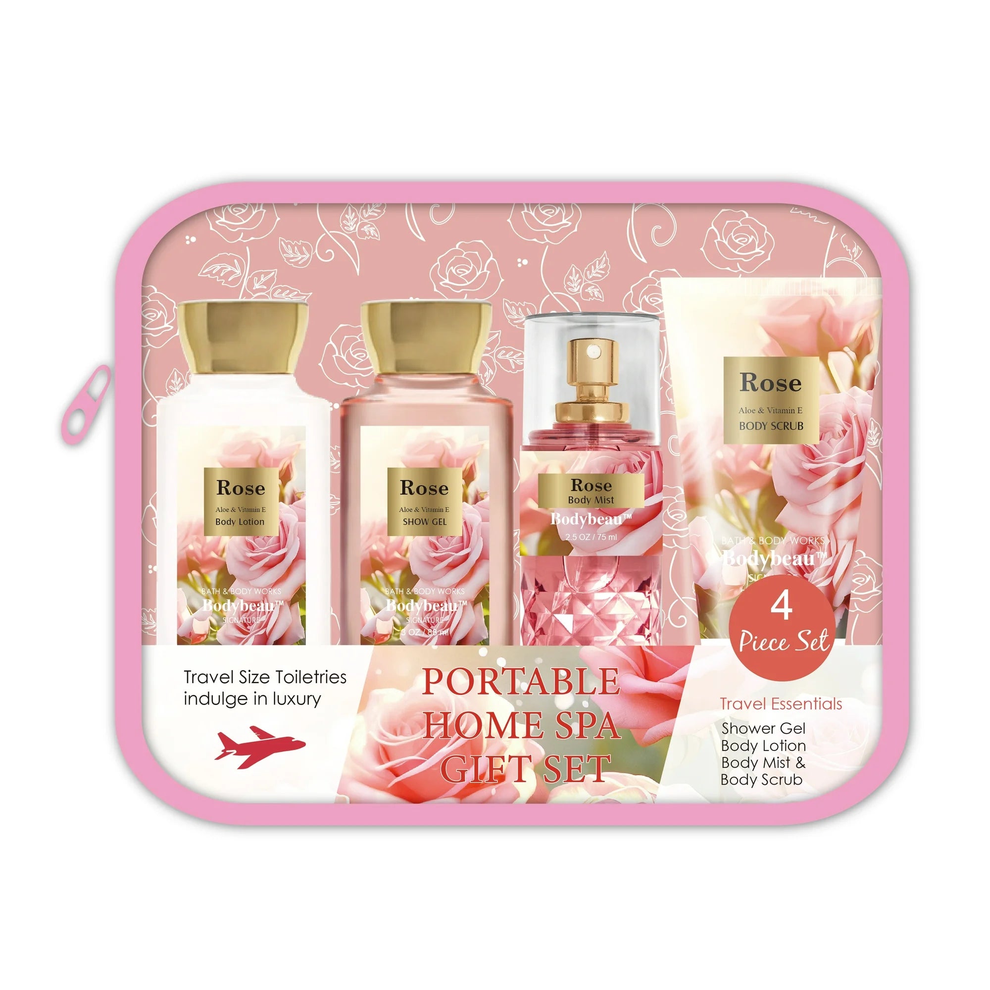 Bodybeau Bath Set 4PCS Rose,Gel, Mist,Scrub and Lotion