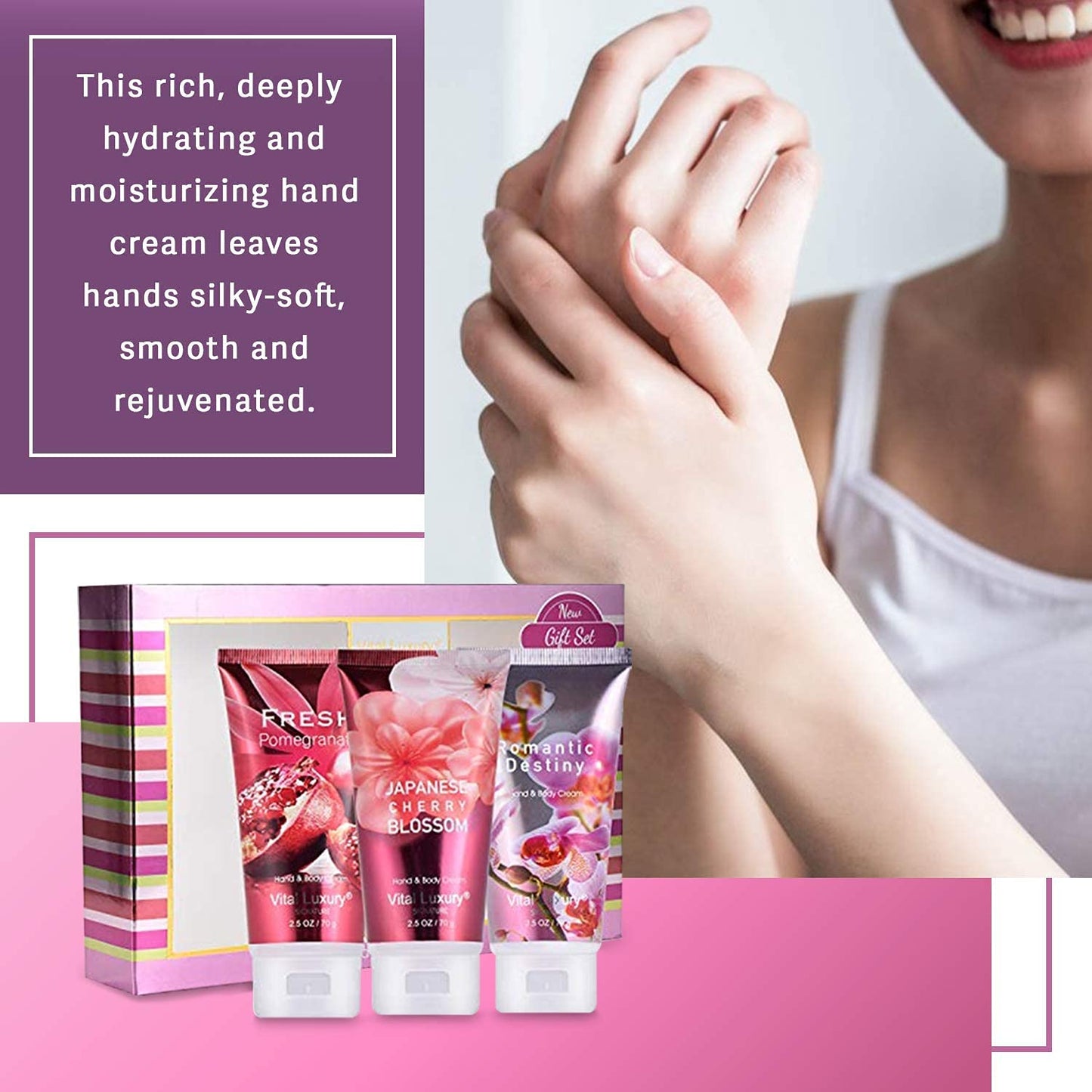 Vital Luxury 3Pcs Gift Set Hand & Body Cream, Deeply Moisturizing for Rough Hands - Travel Size 2.5oz Each