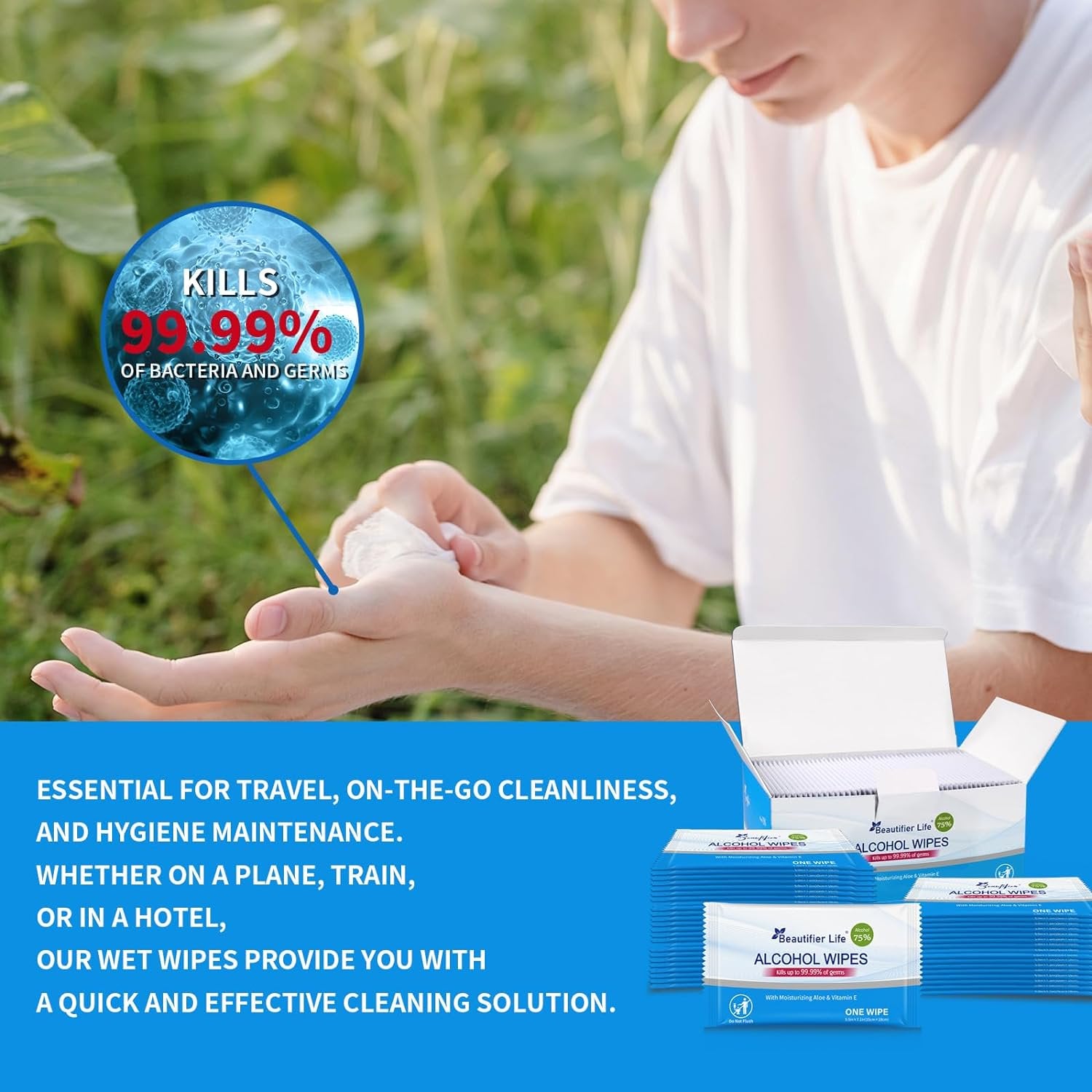 Beautifierlife 75% Alcohol Hand Wipes,100 Count Individually Packed,with Aloe and Vitamin E for Travel,Home,Office,and School Use