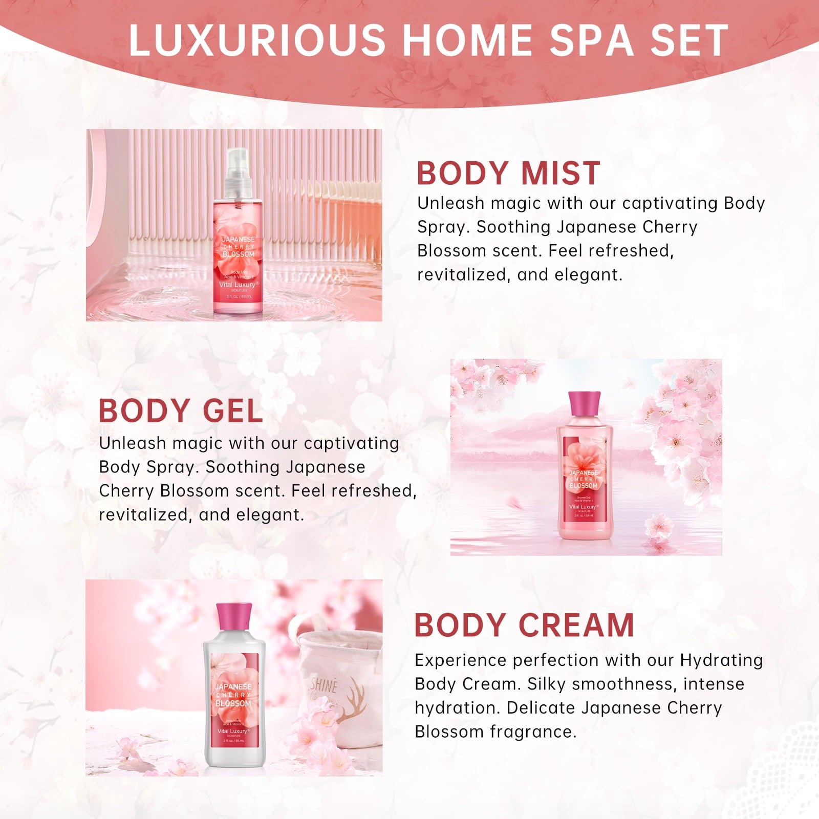 Vital Luxury Bath & Body Care Gift and Travel Set,Japanese Cherry Blossom Scent,with Body Lotion,Shower Gel and Body Mist