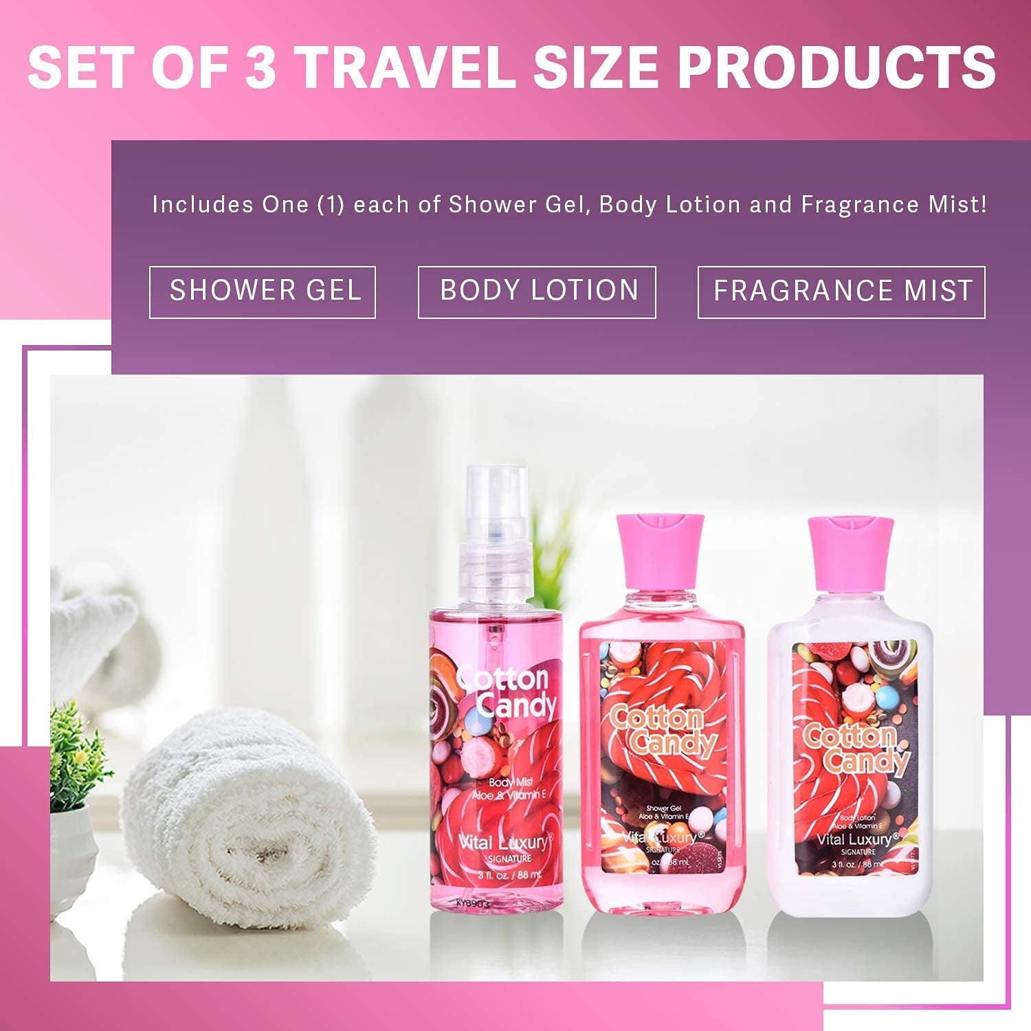 Vital Luxury Bath&Body Care Travel Set for Unisex,Cotton Candy Scents,with Body Lotion,Mist and Gel