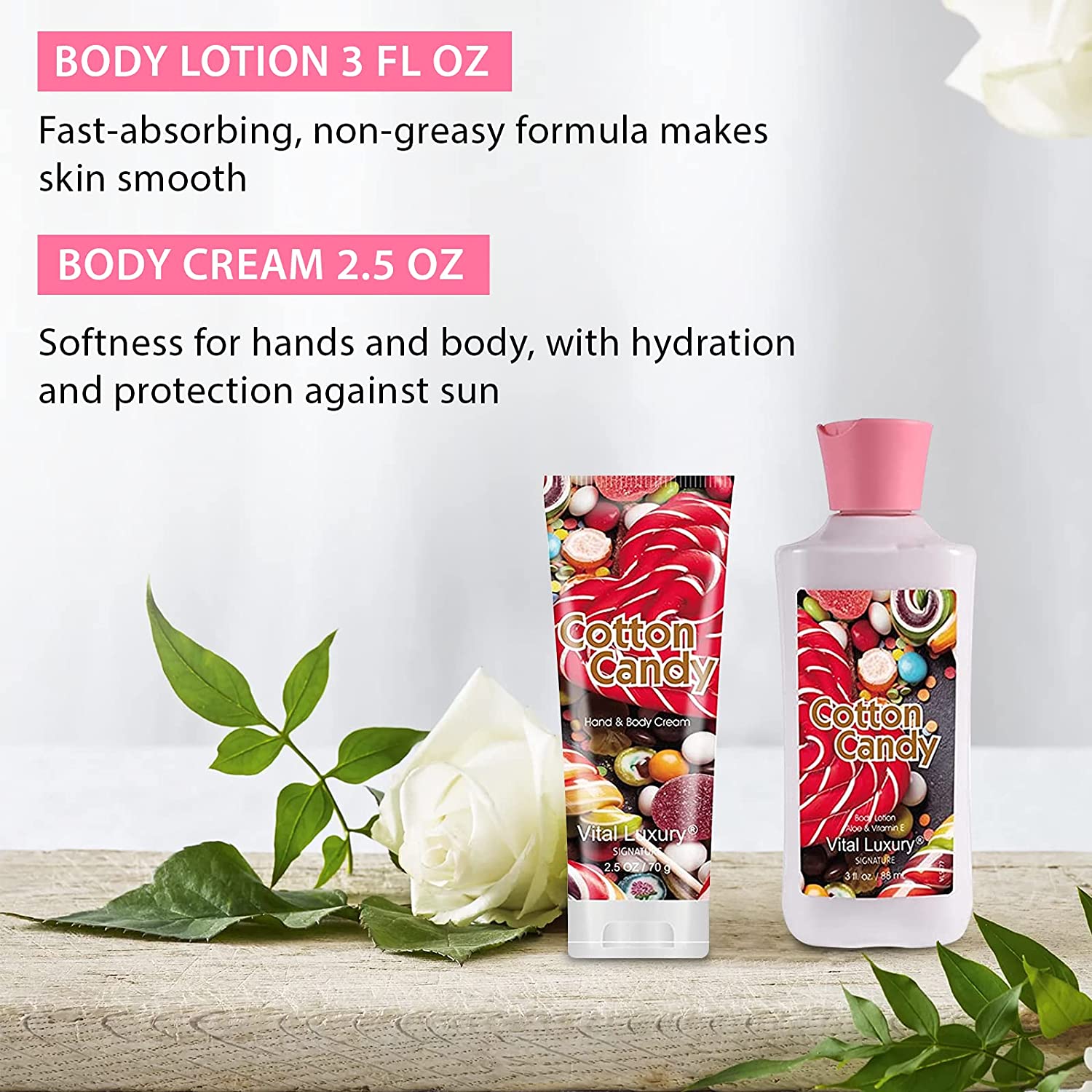 Vital Luxury Cotton Candy Bath & Body Kit, 3 Fl Oz, Ideal Skincare Gift Home Spa Set, Includes Body Lotion, Shower Gel, Body Cream, and Fragrance Mist