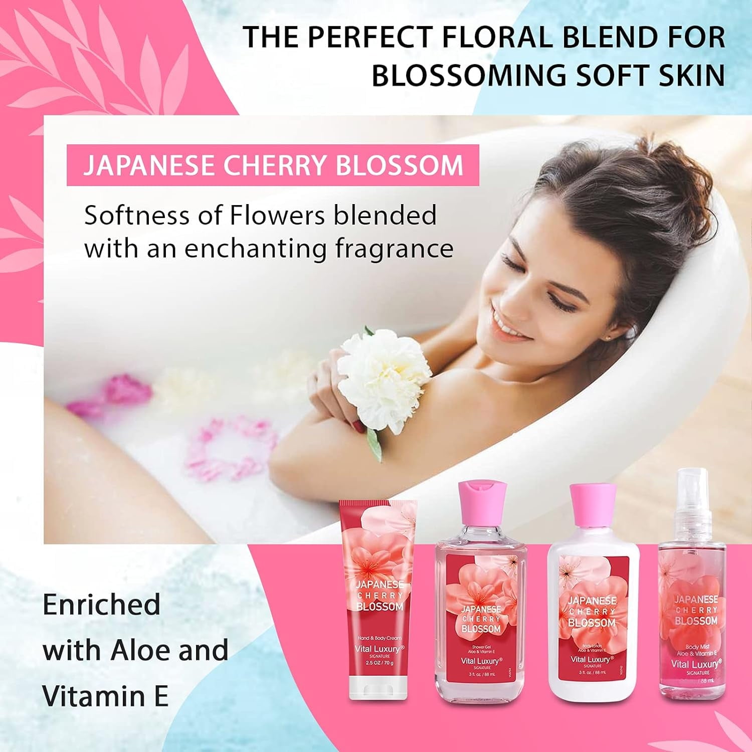 Vital Luxury Bath&Body Kit,4 Pcs Japanese Cherry Blossom Scents,with Body Lotion,Shower Gel,Hand Cream,and Fragrance Mist,Bath Gifts for Unisex