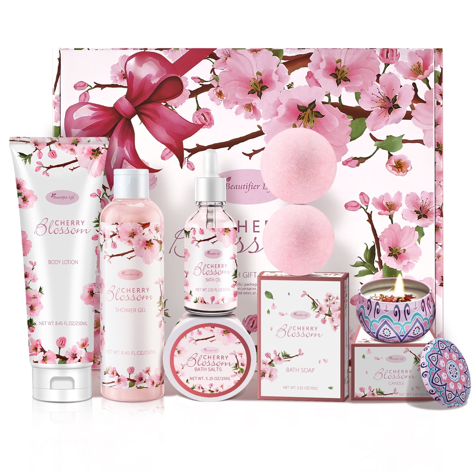 Bath and Body Gift Set for Women & Girls - Japanese Cherry Blossom 7PCS Spa Set With Natural Extracts,with Body Lotion,Shower Gel,Bath Oil,Bath Salts,Bath Soap,Candle,Bath Bombs