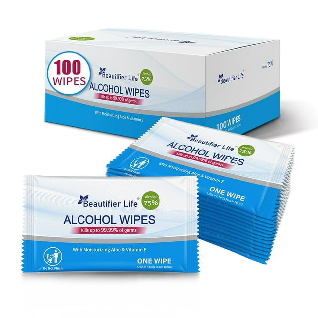 Beautifierlife 75% Alcohol Hand Wipes,100 Count Individually Packed,with Aloe and Vitamin E for Travel,Home,Office,and School Use
