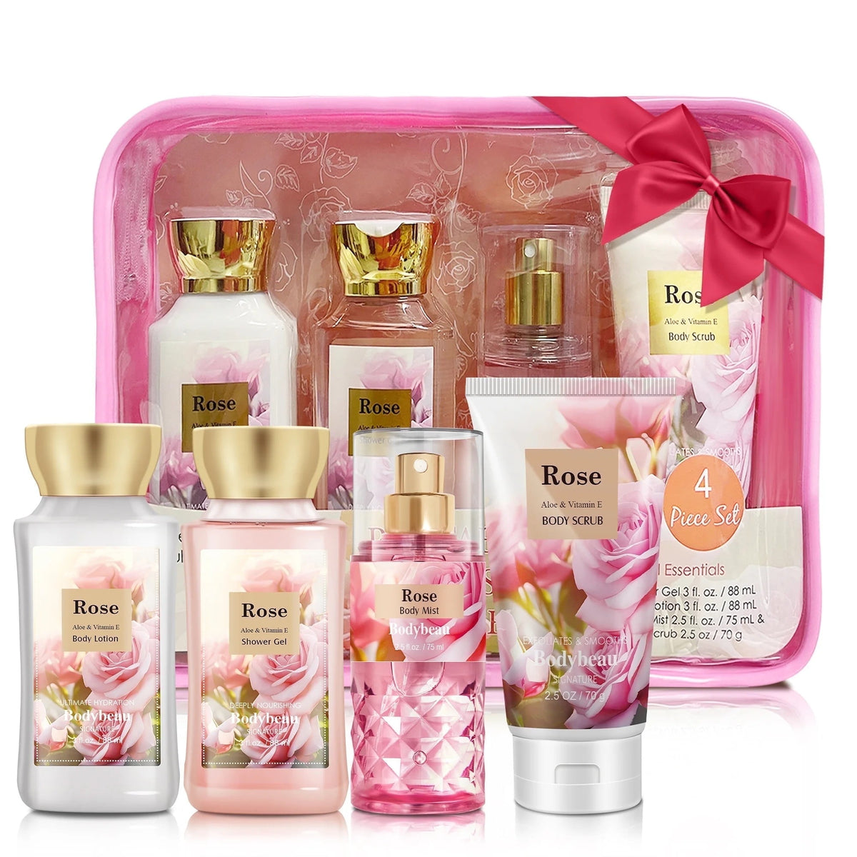 Body Set Bodybeau Bath and Body Set 4PCS Rose Scent,with Shower Gel, Body Mist,