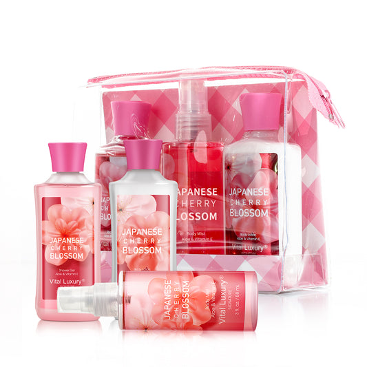 Vital Luxury Bath & Body Kit Japanese Cherry Blossom, 3 Fl Oz, Ideal Skincare Gift, Home Spa Set, Includes Body Lotion, Shower Gel and Fragrance Mist, Perfect for Mother Day Gifts