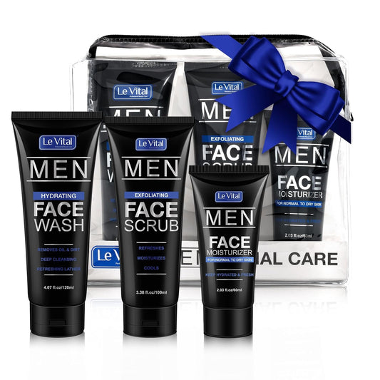 Le Vital Men's Skin Care 3 Piece Set, Daily Essential Face Kit, Including Face Cleanser, Exfoliating Scrub & Day Cream Face Moisturizer, Great Gift for Men