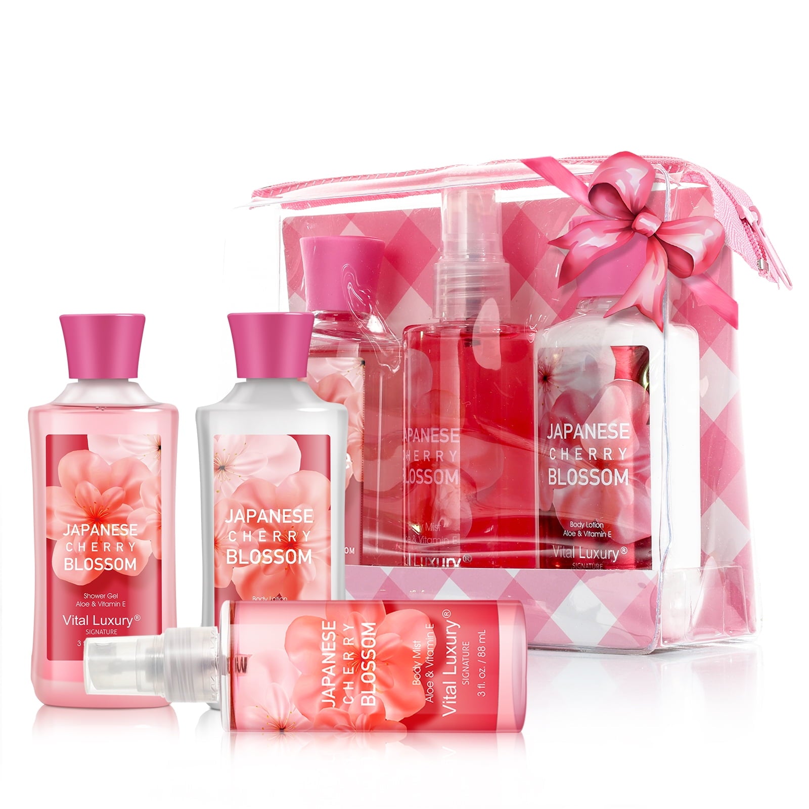 Vital Luxury Bath & Body Care Gift and Travel Set,Japanese Cherry Blossom Scent,with Body Lotion,Shower Gel and Body Mist