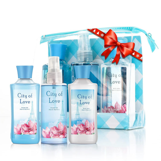 Vital Luxury Bath & Body Care Travel Set - Home Spa Set with Body Lotion, Shower Gel and Fragrance Mist, Valentines Day Gifts for Her and Him(City of Love)