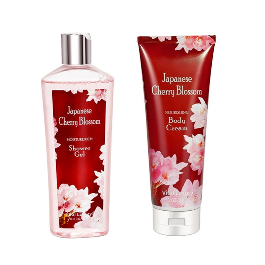 Vital Luxury Cherry Blossom Shower Gel & Body Cream Set - Nourishing Skincare - 8 fl.oz Each, Unisex Scent - Great for Gifting
