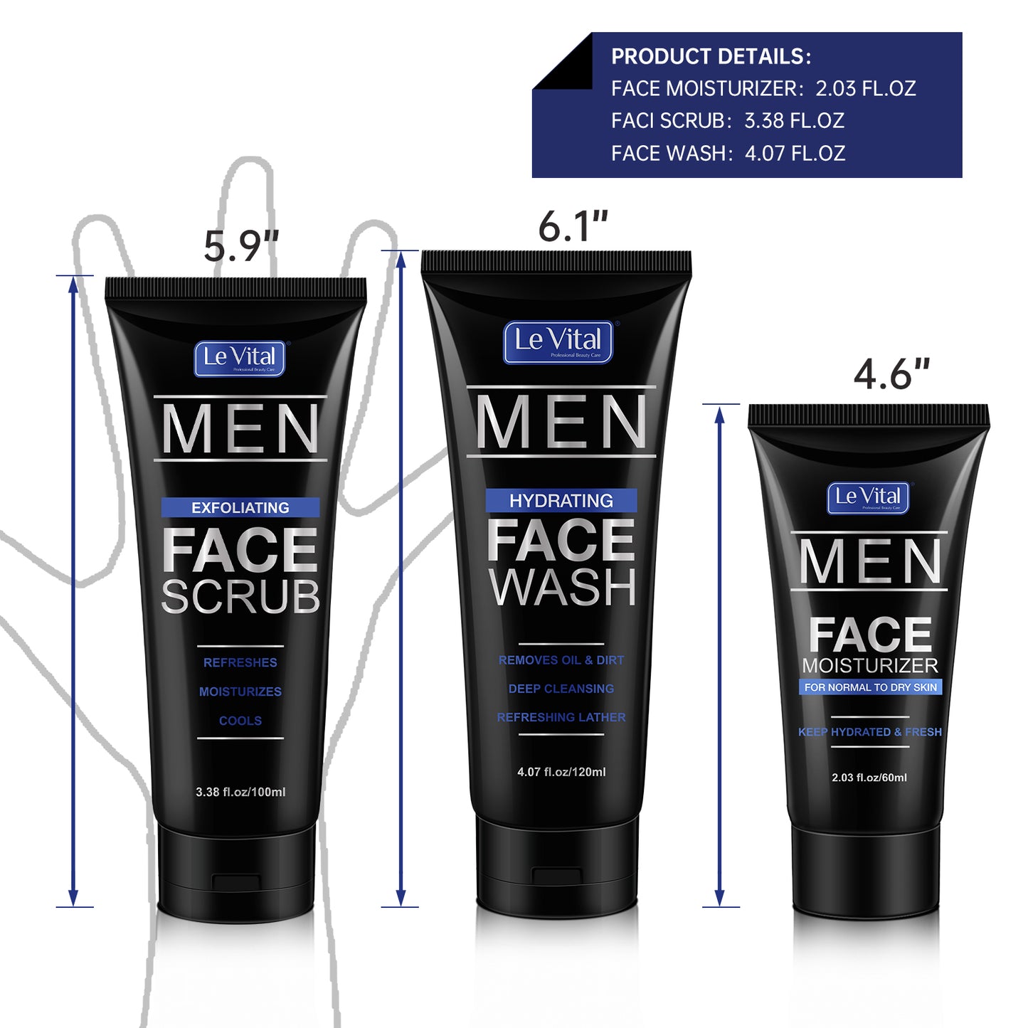 Le Vital Men's Skin Care 3 Piece Set, Daily Essential Face Kit, Including Face Cleanser, Exfoliating Scrub & Day Cream Face Moisturizer, Great Gift for Men